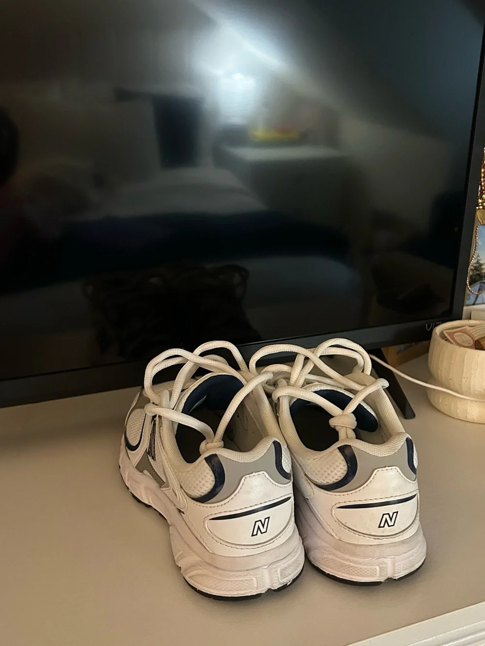 New Balance White & Navy Athletic Sneakers